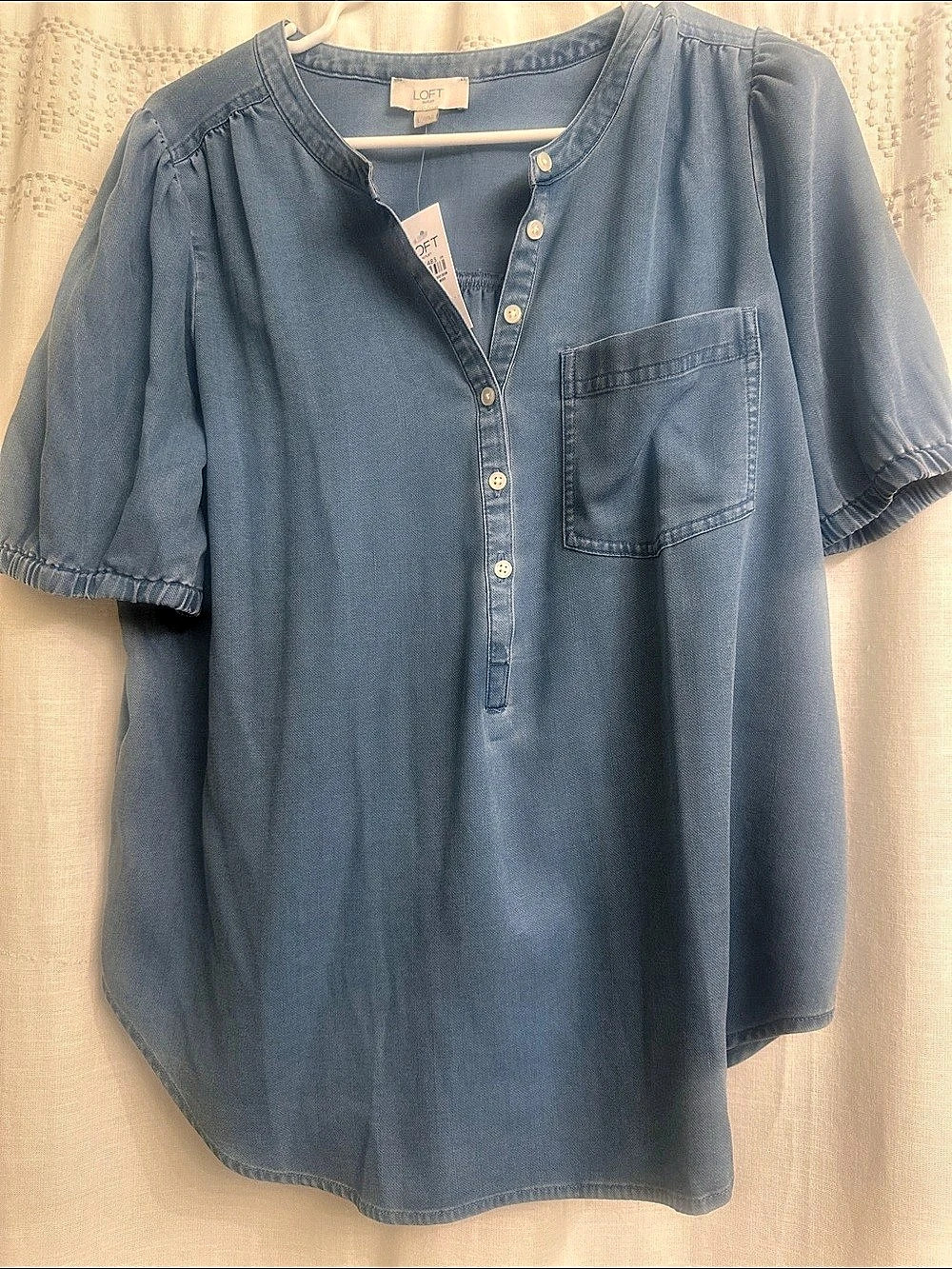 LOFT Outlet Denim Puff Sleeve Top Blue Blouse Size Large
